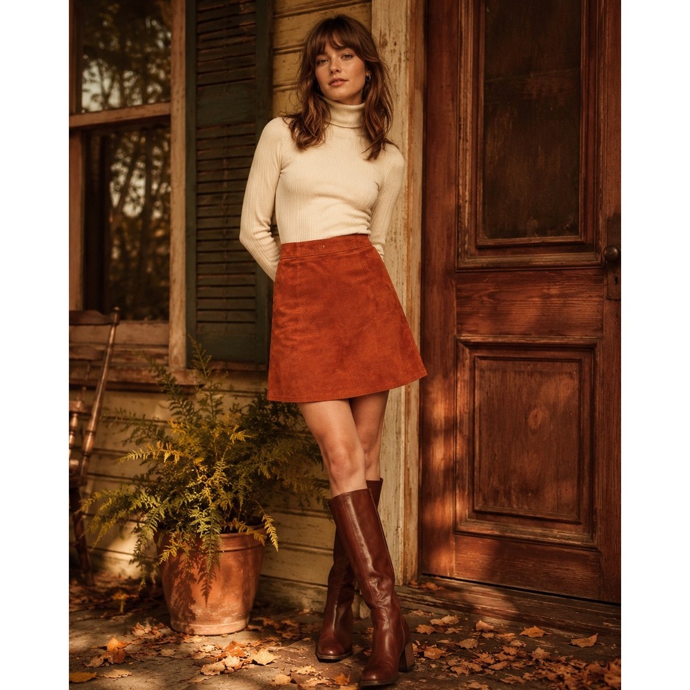Reitmans Basics Pencil Skirt 9 Rust Orange Genuine Suede Leather Vintage 70s